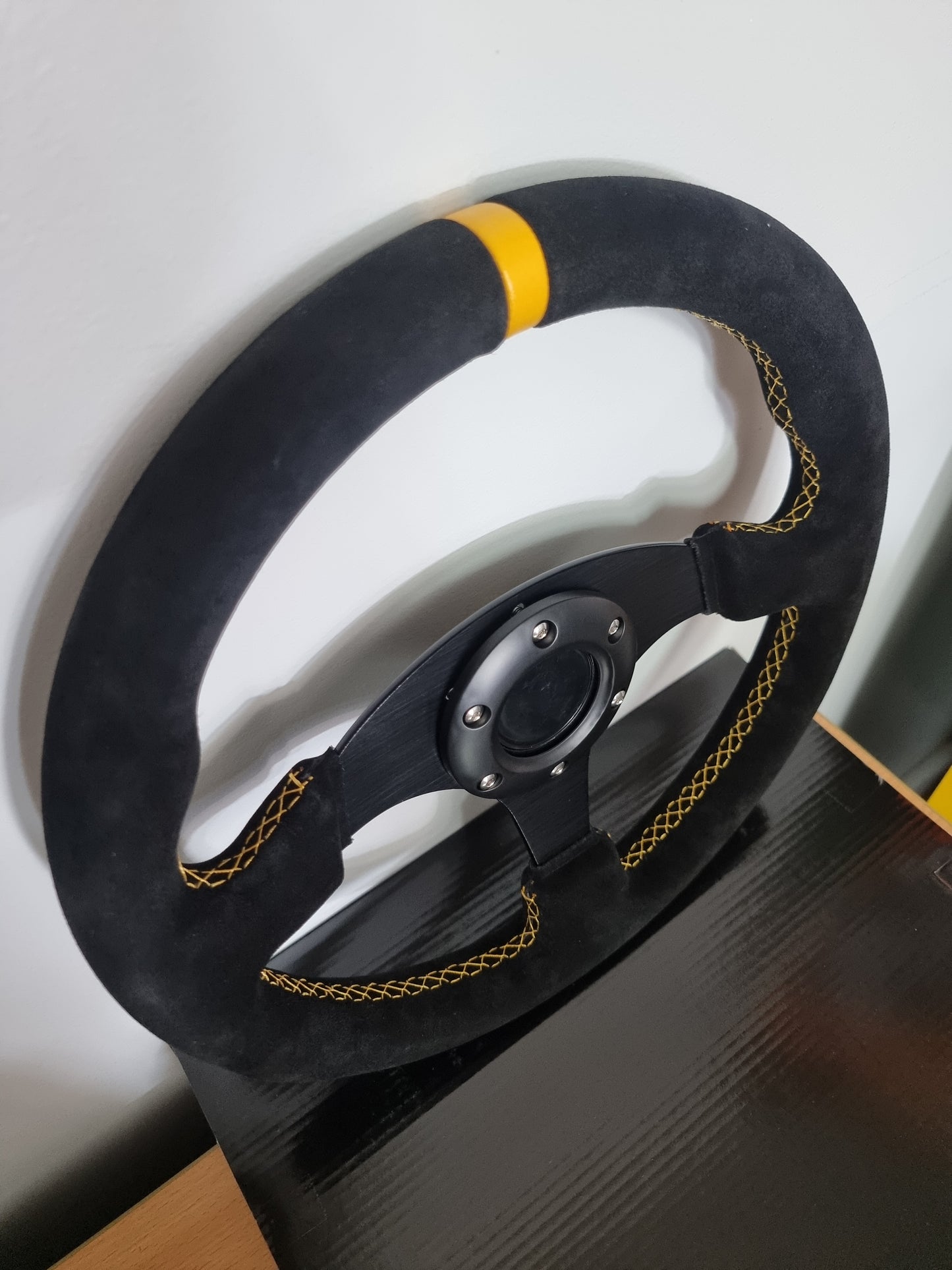 330mm flat suede racing steering wheel detail view
