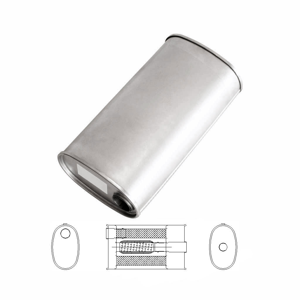 E335TBN — 8" X 5" OVAL - 16" LONG 13/4" O/C GLASS PACKED TURBO WITH BULL TUBE NO STUBS
