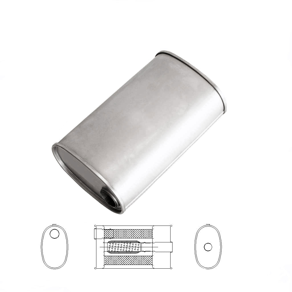 E527TBN — 8" X 5" OVAL 14" LONG 2" O/C GLASS PACKED TURBO WITH BULL TUBE NO STUBS