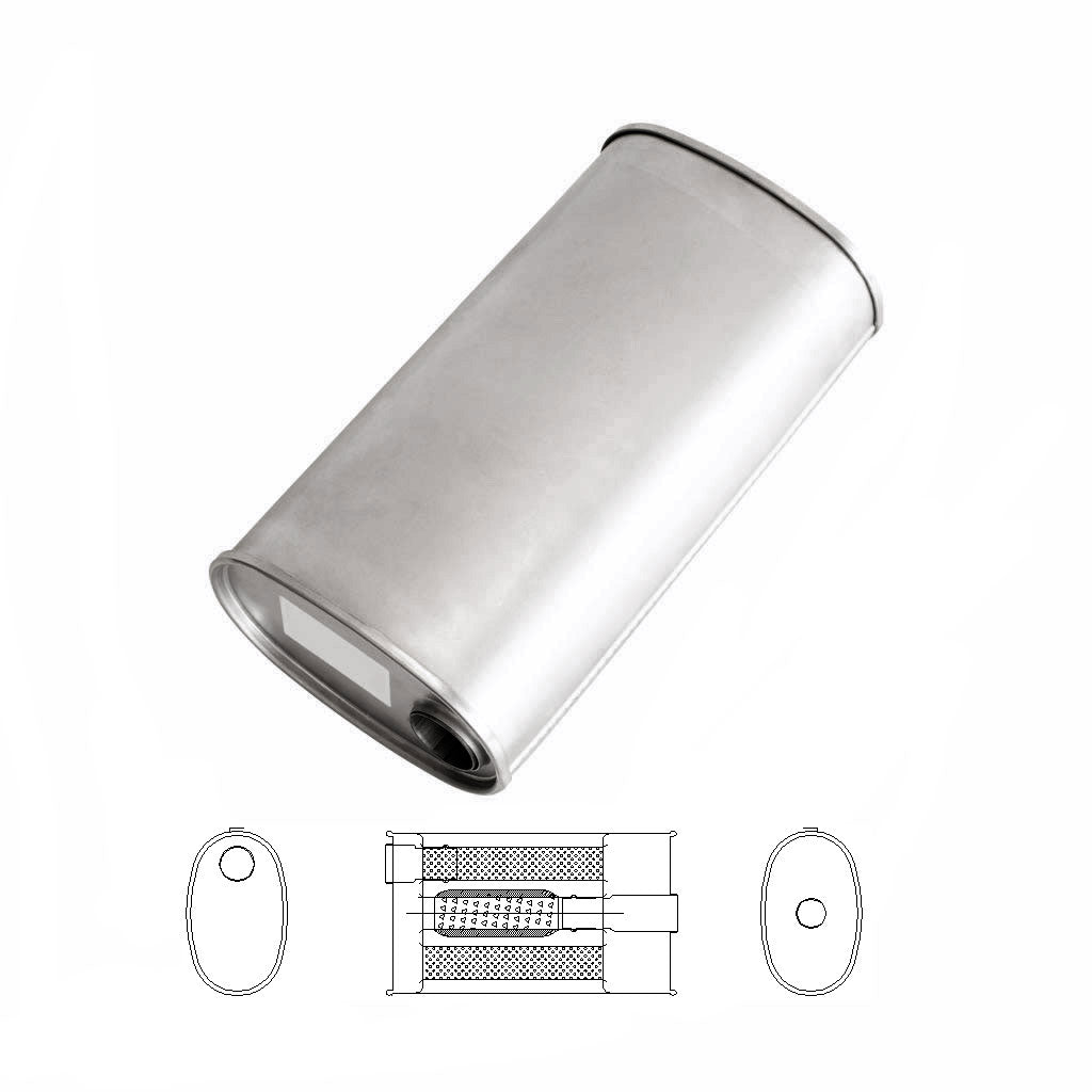 E535TBN — 8" X 5" OVAL - 16" LONG 2" O/C GLASS PACKED TURBO WITH BULL TUBE NO STUBS