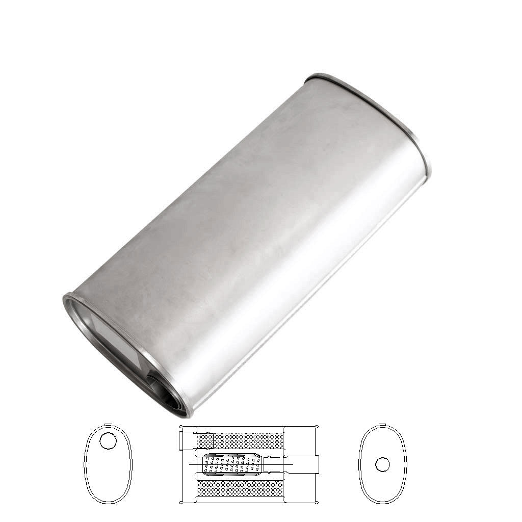 E543TBN — 8" X 5" OVAL 18" LONG 2" O/C GLASS PACKED TURBO WITH BULL TUBE NO STUBS