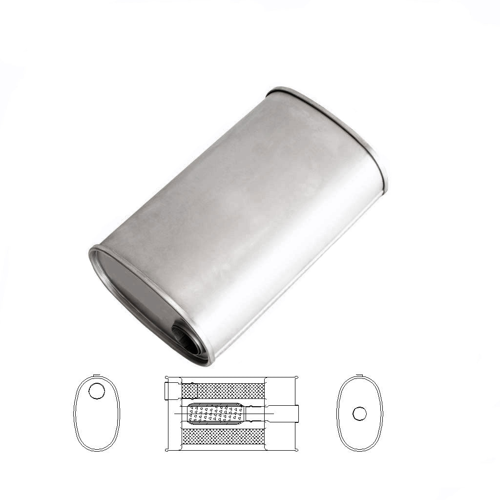 E627TBN — 8" X 5" OVAL 14" LONG 2 1/4" O/C GLASS PACKED TURBO WITH BULL TUBE NO STUBS