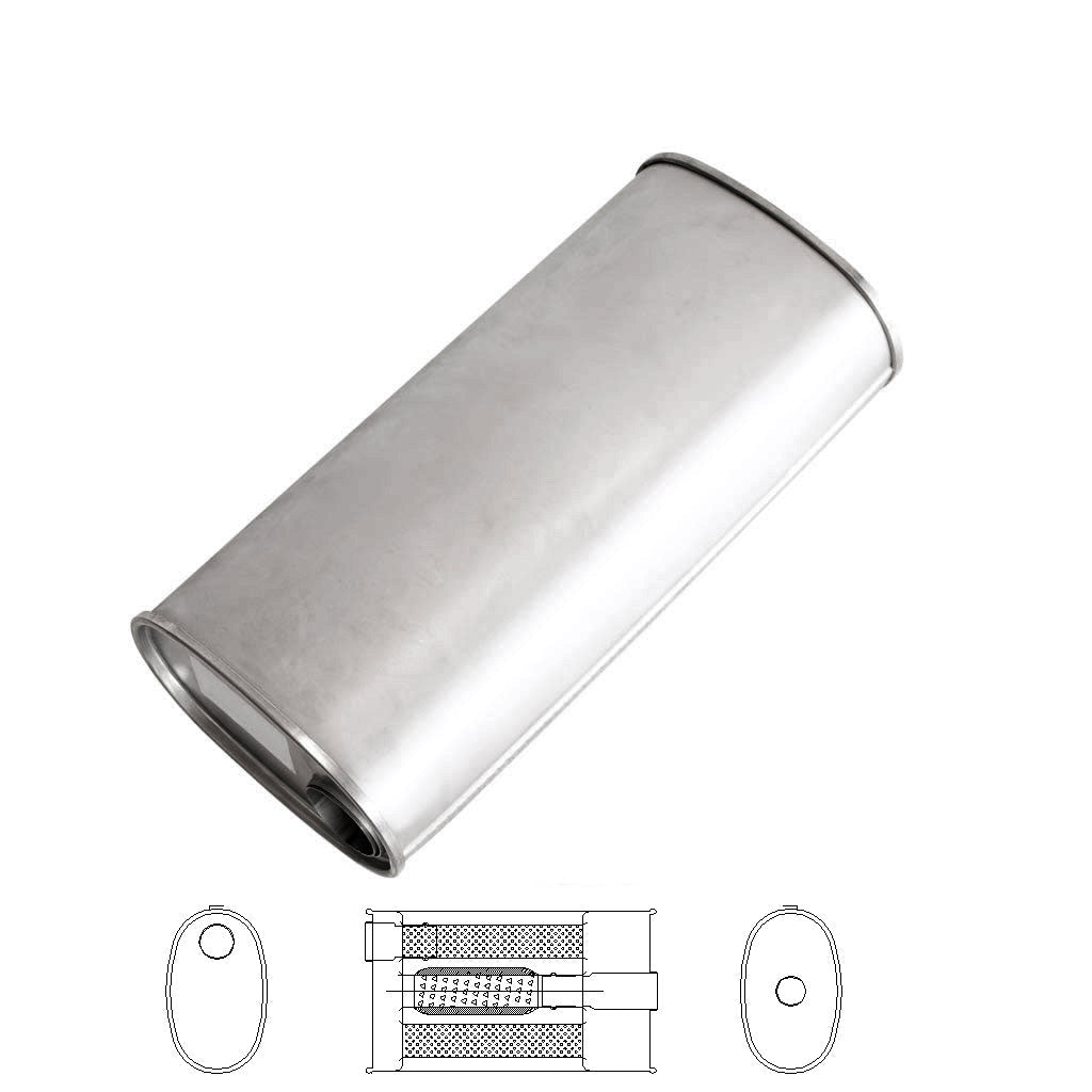 E643TBN — 8" X 5" OVAL 18" LONG 2 1/4" O/C GLASS PACKED TURBO WITH BULL TUBE NO STUBS