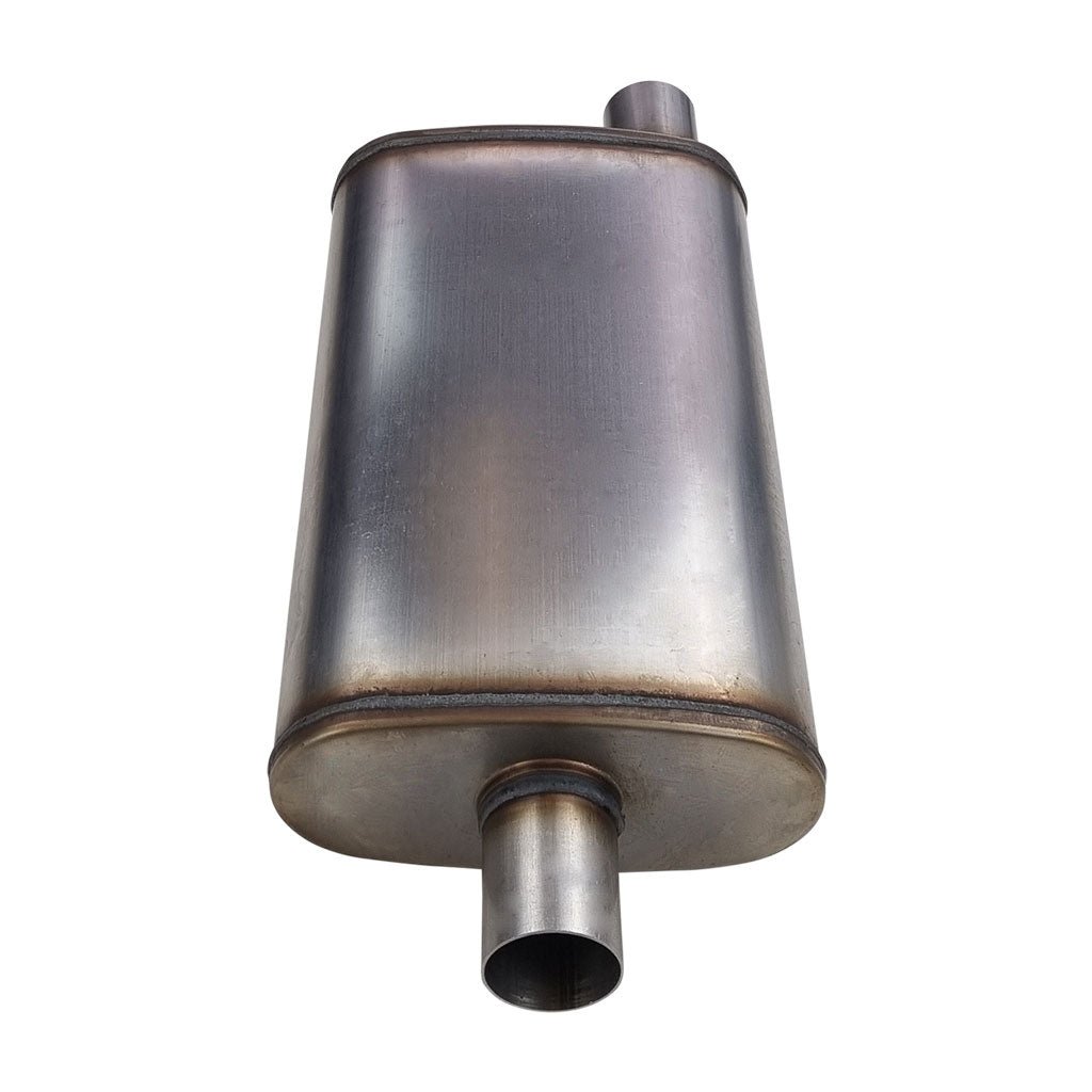 F635M-409W — 10" x 4" Offset/Centre Welded (F) Configurations Mufflers | Stainless 409 | Select Your Size Length and Internal Options