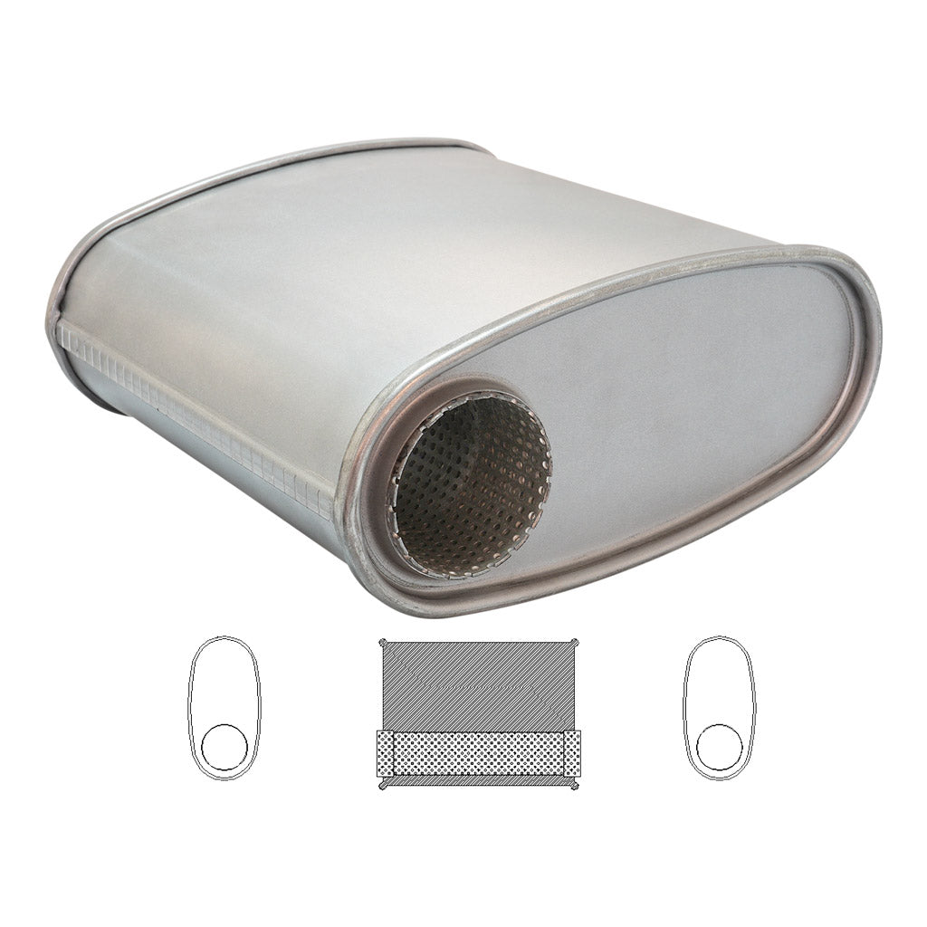 F717MN — 10" X 4" OVAL - 10" LONG O/O INLINE 2 1/2" GLASS PACKED STRAIGHT THROUGH NO STUBS