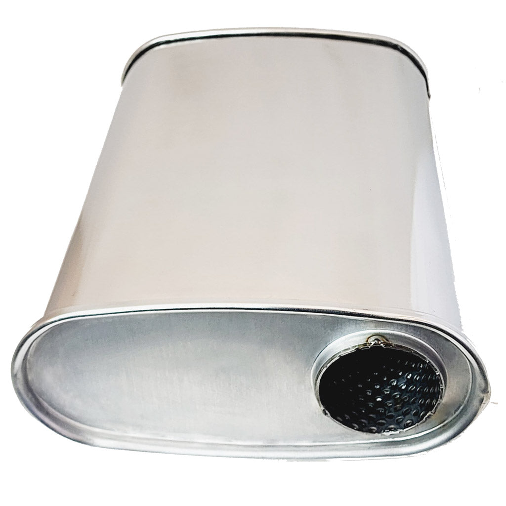 F728MN-409R — 10" X 4" OVAL - 14" LONG O/O 2 1/2" GLASS PACKED MEGA FLOW NO STUBS 409 STAINLESS STEEL