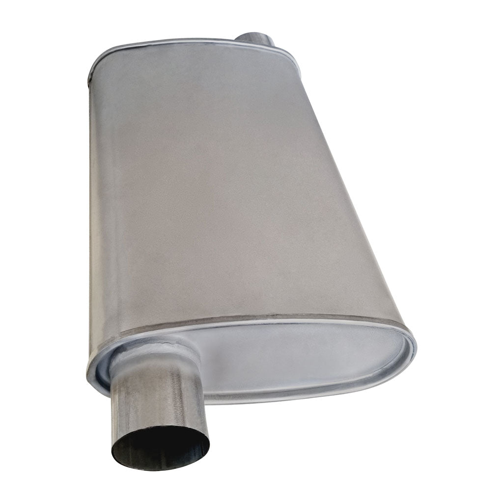 F736M — 10" X 4" OVAL - 16" LONG O/O 2 1/2" GLASS PACKED MEGA FLOW