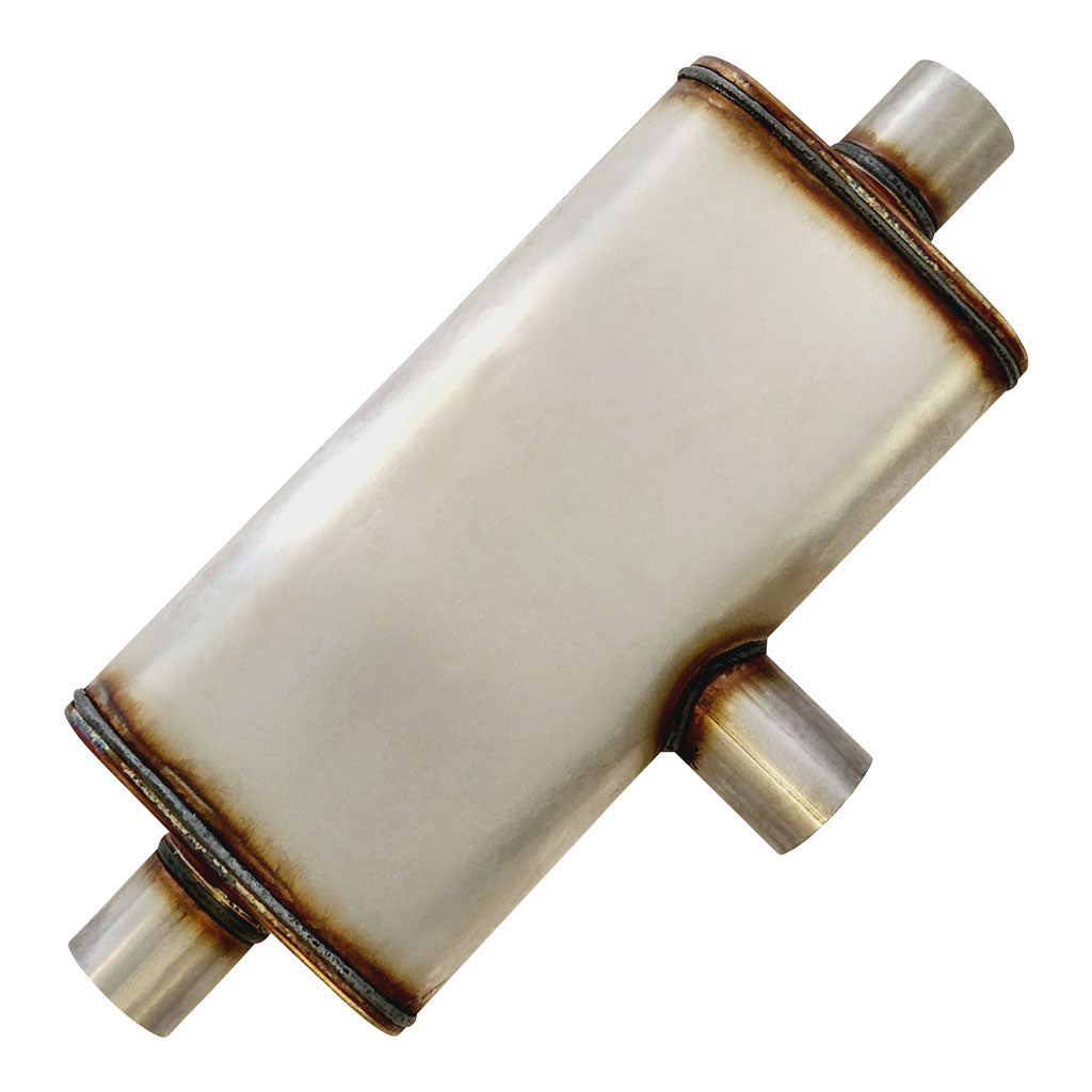 F742MEWY-409 — 10" x 4" Mid In/Dual Out Single Each End Configurations Mufflers | Stainless 409 | Select Your Size Length and Internal Options