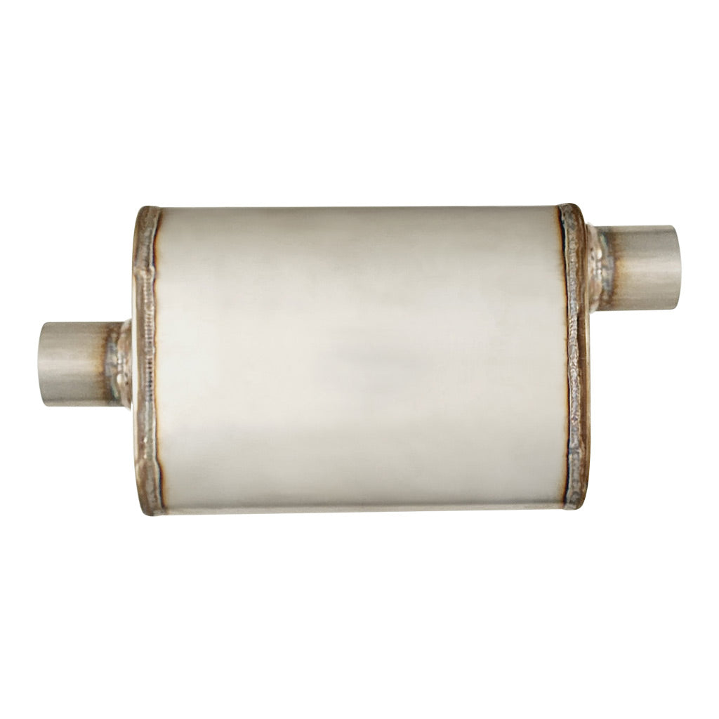F827M-409W — 10" x 4" Offset/Centre Welded (F) Configurations Mufflers | Stainless 409 | Select Your Size Length and Internal Options