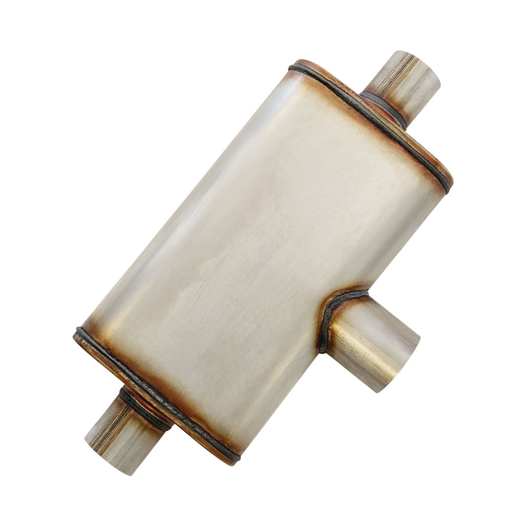 F834MEWY-409 — 10" x 4" Mid In/Dual Out Single Each End Configurations Mufflers | Stainless 409 | Select Your Size Length and Internal Options