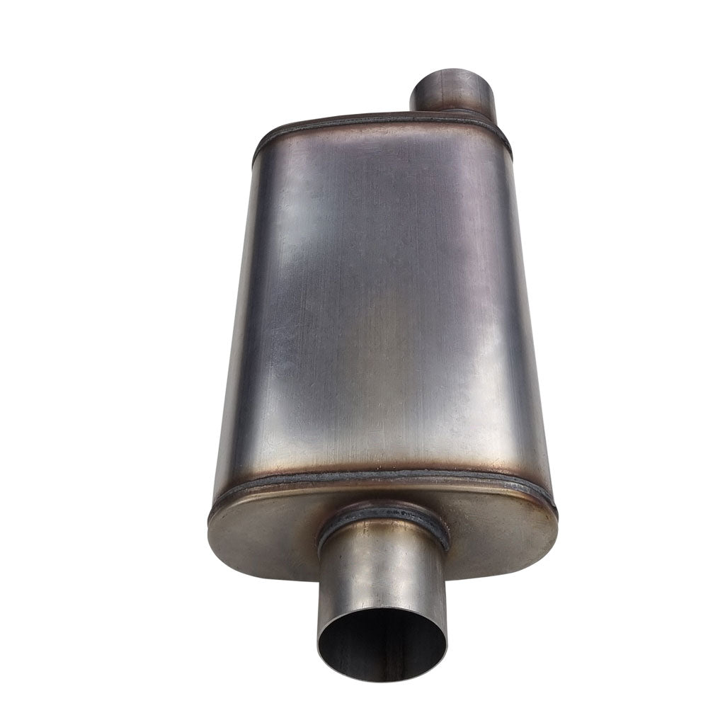 F835M-409W — 10" x 4" Offset/Centre Welded (F) Configurations Mufflers | Stainless 409 | Select Your Size Length and Internal Options