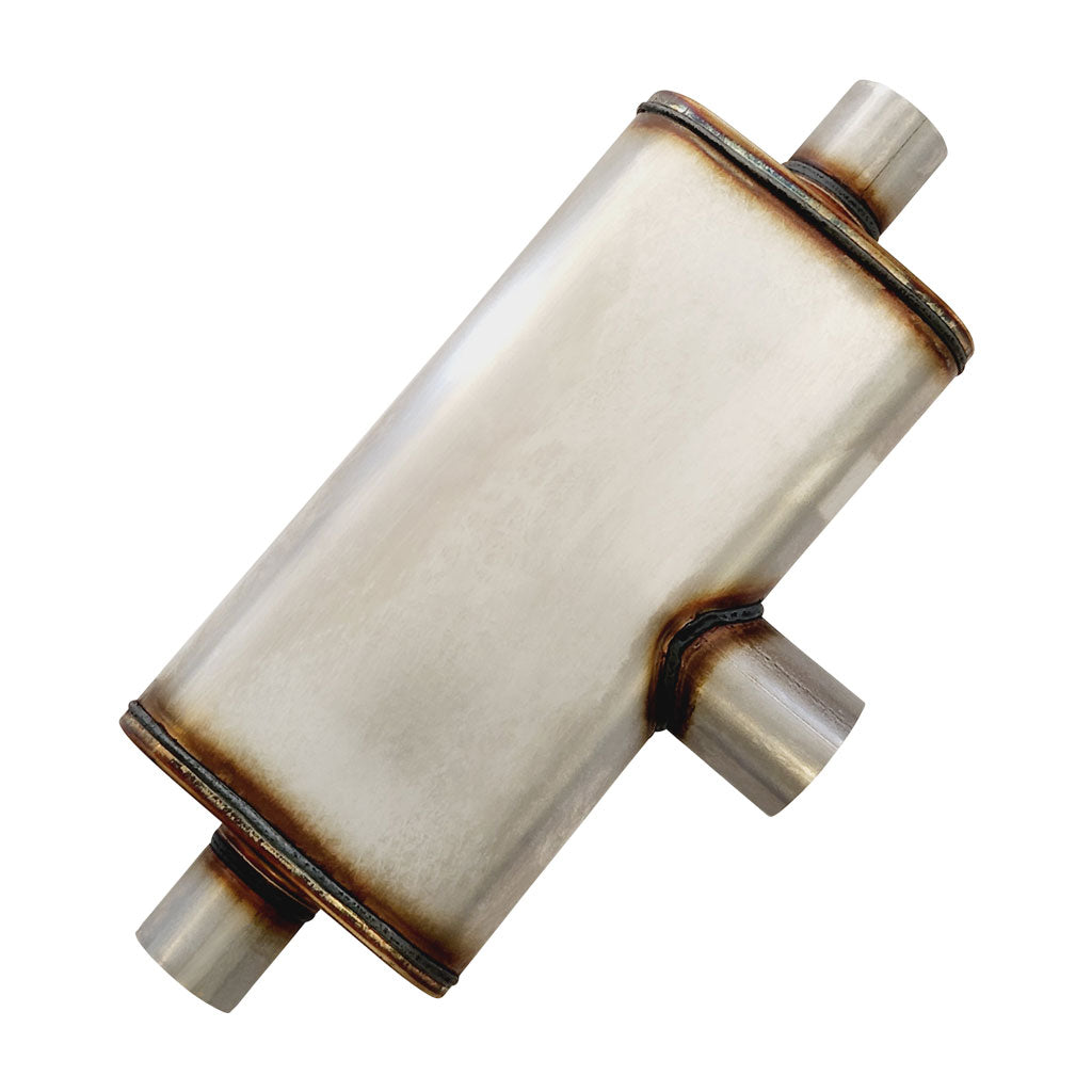 F842MEWY-409 — 10" x 4" Mid In/Dual Out Single Each End Configurations Mufflers | Stainless 409 | Select Your Size Length and Internal Options