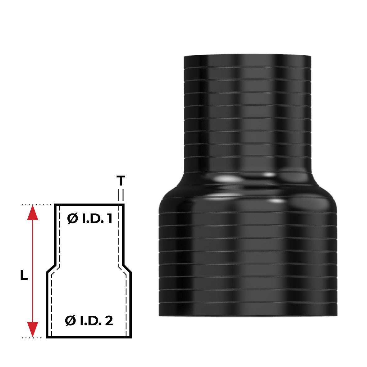 Redback Silicone Hose (3" in, 4" out) Straight Reducer (Black) | HSR075100B