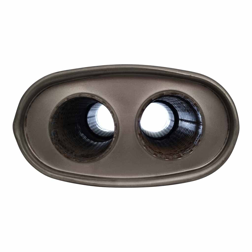 J734GPCX — 8” X 4” OVAL - 16” LONG D/D DUAL 2 1/2” IN/OUT GLASS PACKED CHAMBERED NO STUBS