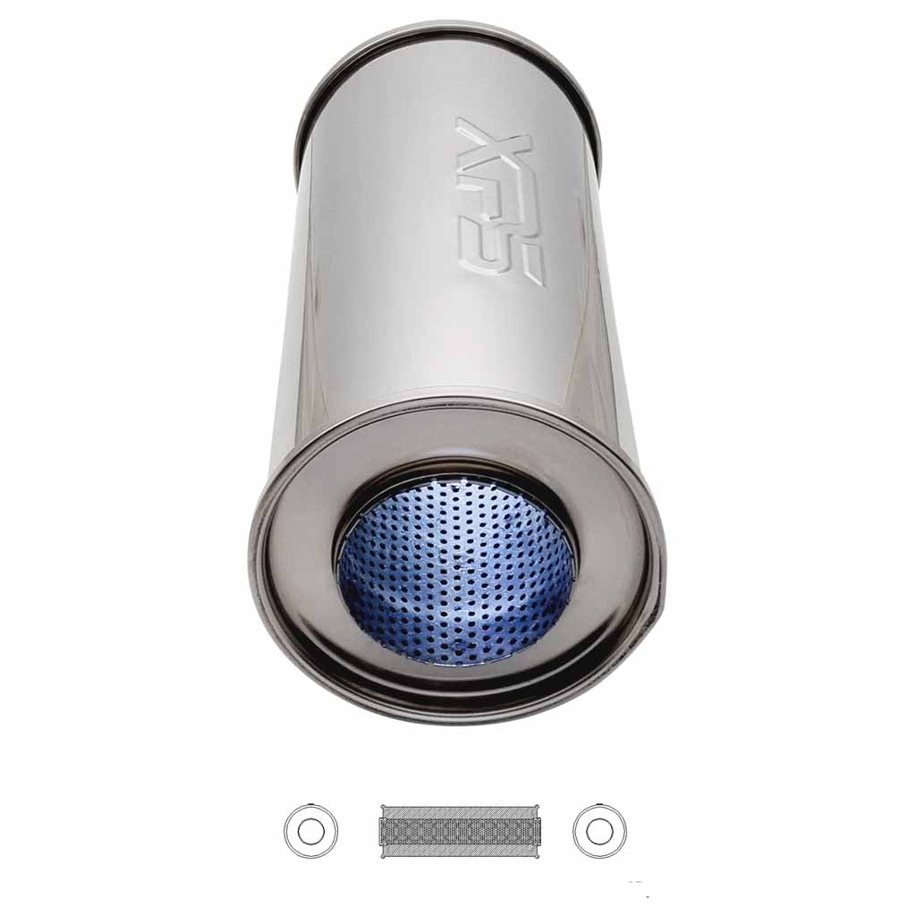 N818MN-304P — 3 Inch CC 5" x 12" Long Round 304 Stainless Steel Muffler Straight Through