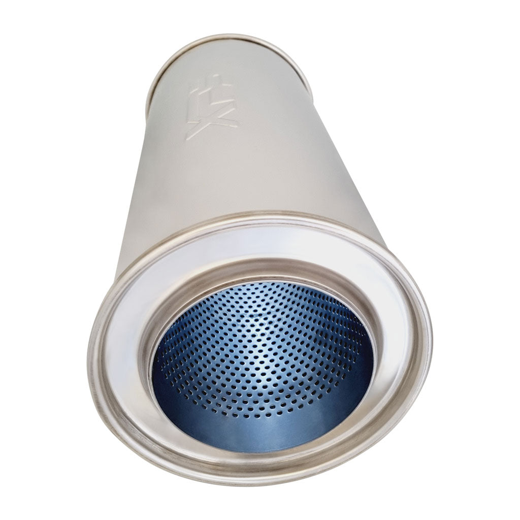 O1026MN-304P — 4 Inch CC 6" x 14" Long Round 304 Stainless Steel Muffler Straight Through