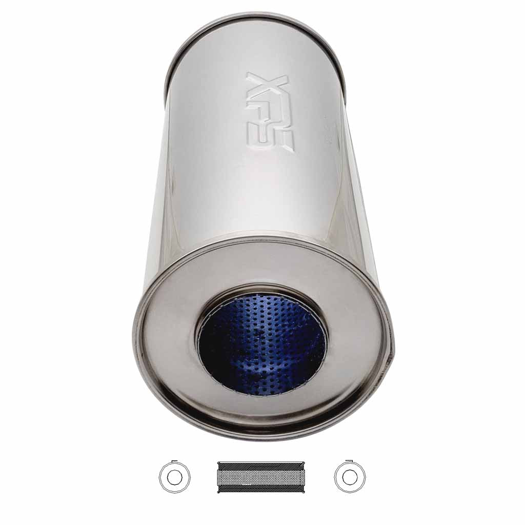 O826MN-304P — 6" ROUND - 14" LONG 3" C/C POLISHED 304 STAINLESS STEEL STRAIGHT THROUGH MUFFLER
