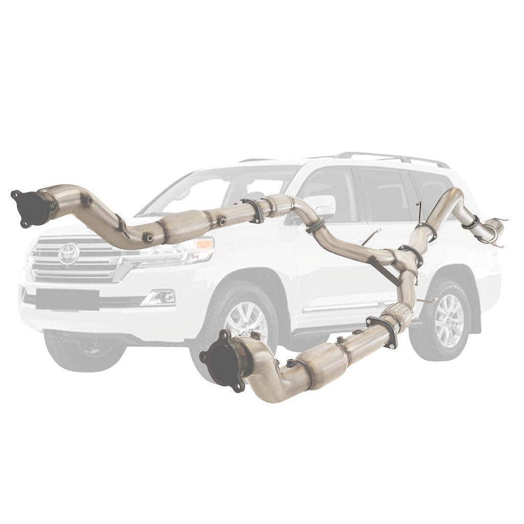Toyota LandCruiser 200 VDJ200 2016-On Twin 3"→4" Turbo-Back DPF Delete – Cat + Centre Pipe + Rear Muffler – TY434-CPMSS — TY434-CPMSS